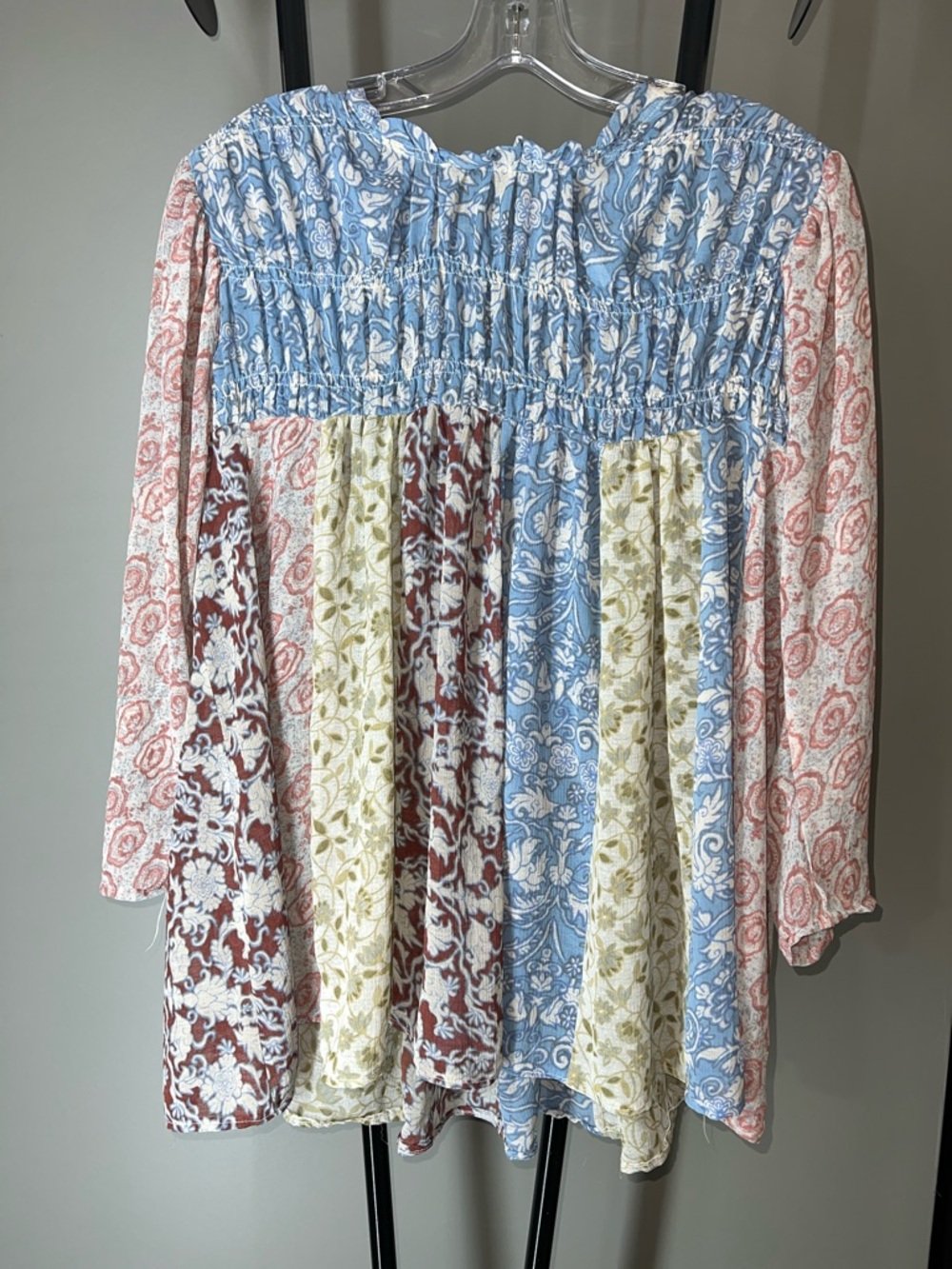 Free People Patchwork Floral Smocked Yoke Tunic in Blue, Pink, Green, Brown